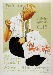 En plakat utført av Ludwig Hohlwein som reklamerer for bruk av tysk garn.